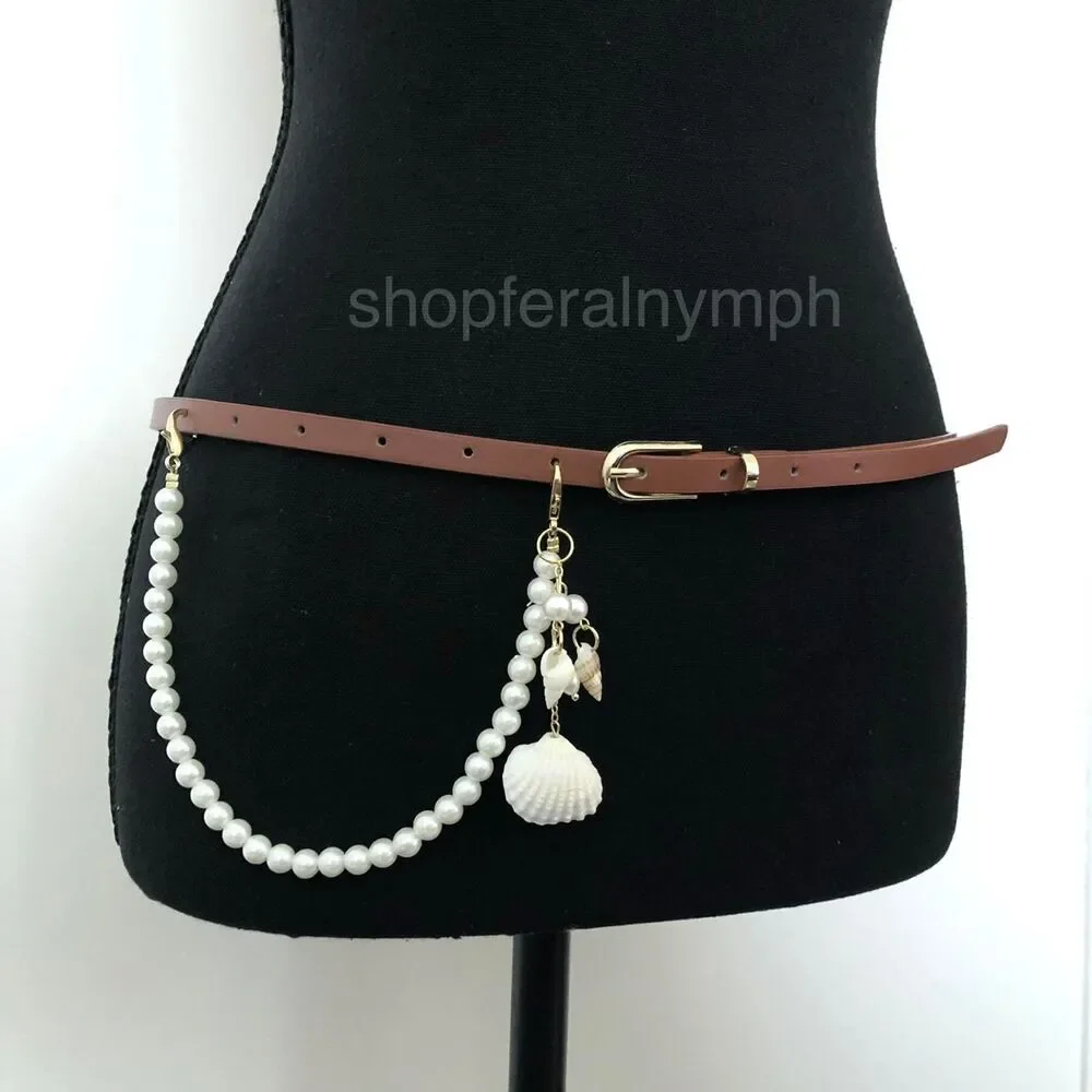Mermaidcore Brown Faux Leather Pearl Shell Belt, Fits 32.5–35 Inches, X7GA1230